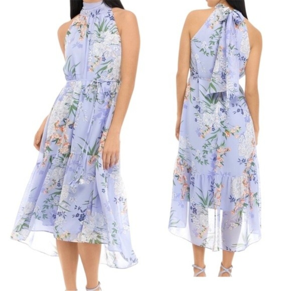 NWT Eliza J Womens High Low Dress 2 Chiffon Blue/Purple Floral Print Sleeveless
